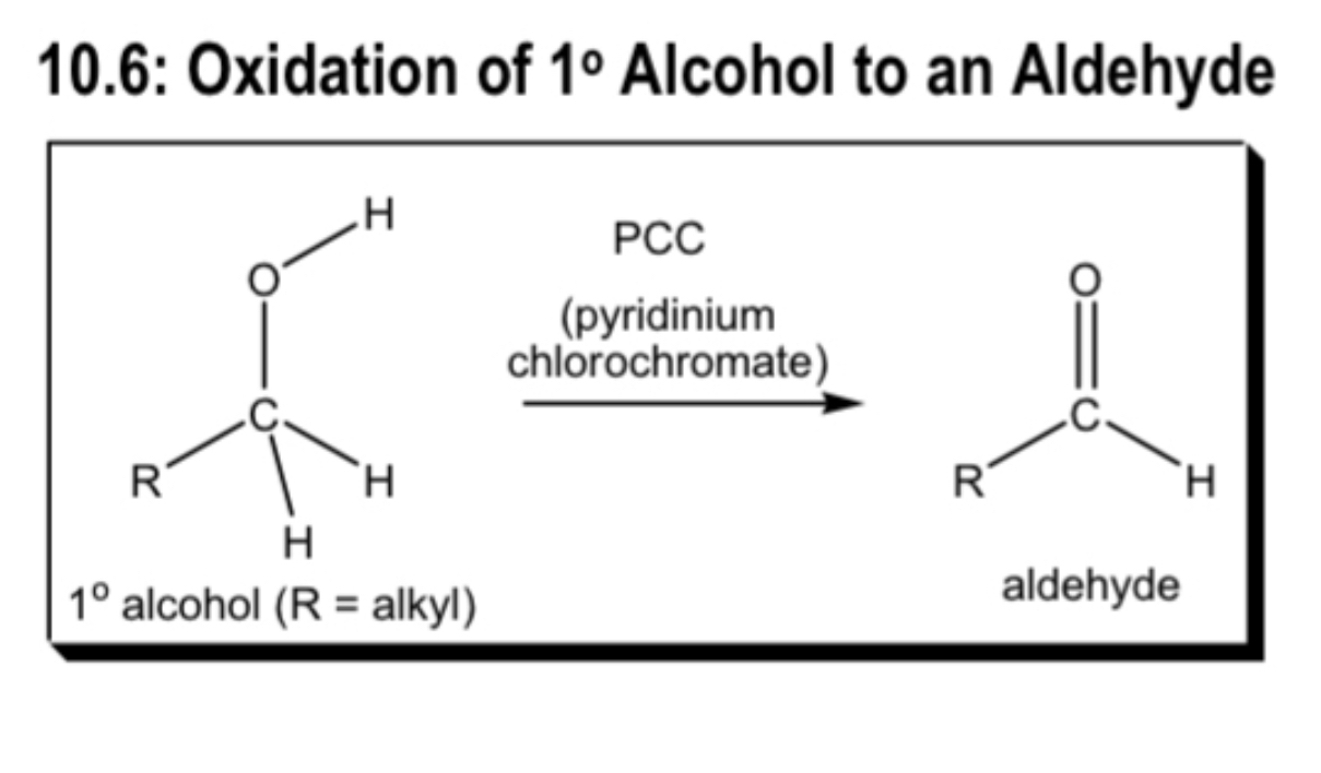 <ul><li><p>1<span><span>° alcohol → aldehyde</span></span></p></li></ul><p></p>