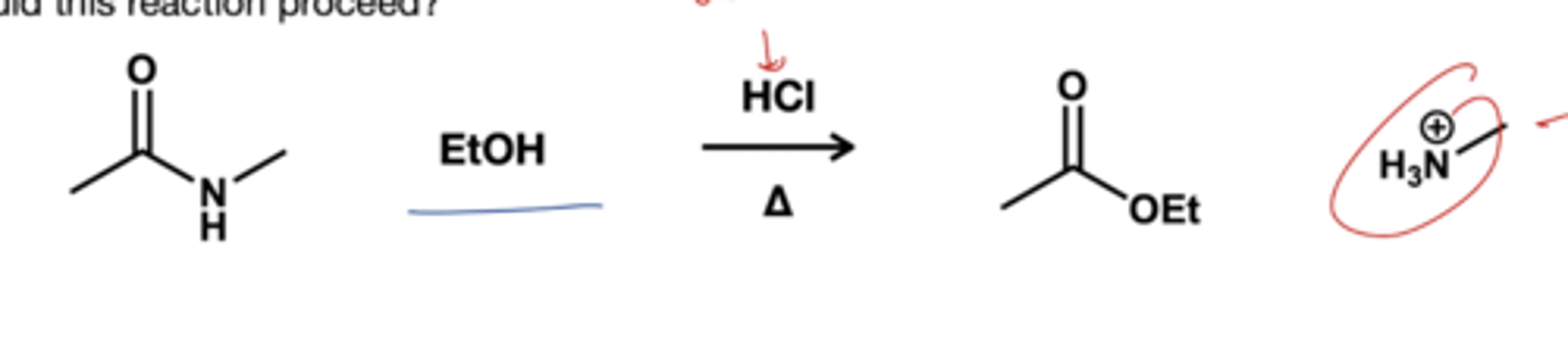 <p>ROH( ETOH, MEOH)/ HCL, heat. Amides will react with alcohol only in presence of acid catalyst to form esters</p>