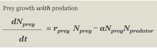 rprey: per capita growth rate of prey (intrinsic growth rate)

Nprey: # of prey

Npredator: # of predators

a: search efficiency of predator (attack rate)

b: conversion rate (converts encounter rate to # of new predators produced)

m: mortality rate (of predator in predator eq.)