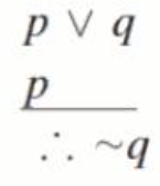 <p>p v q</p><p>p</p><p><span>∴ ~q</span></p>