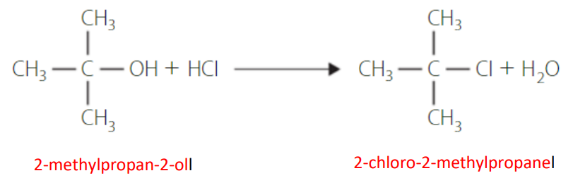 <ul><li><p>Substitution reaction</p></li><li><p>When in the presence of hydrogen halides, such as hydrogen chloride or hydrogen bromide, the –OH group is substituted with a halogen.</p></li><li><p>The general equation is;  H-X + R-OH → R-X + H2O</p></li><li><p>The speed of these reaction depends on the type of alcohol.</p></li><li><p>Tertiary are very reactive, secondary are less reactive and primary are not very reactive</p></li></ul><p></p>