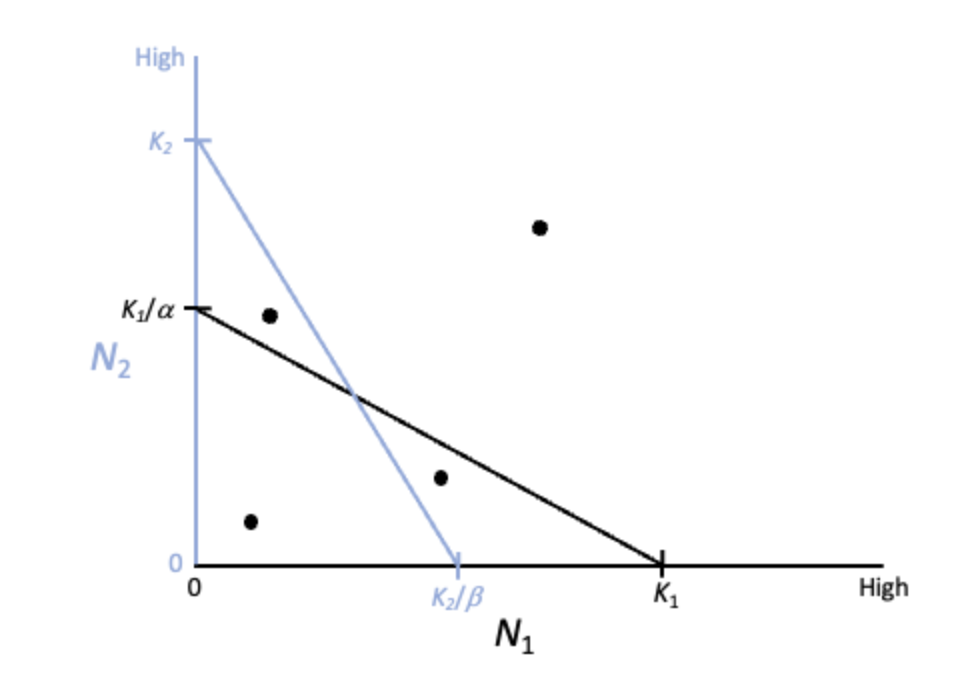 <p>Based on the figure below, what would the outcome of competition be given the various values for carrying capacity and competition coefficients?</p>