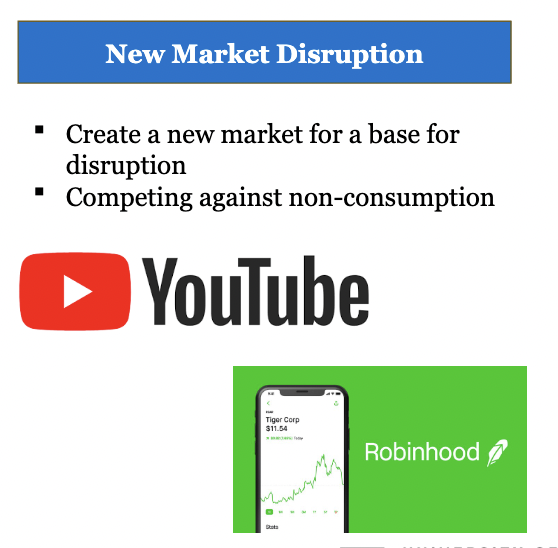 company creates and claims a new segment in an existing market by catering to an undeserved or neglected customer base, slowly improving in quality until incumbent businesses are obsolete (out of date) 