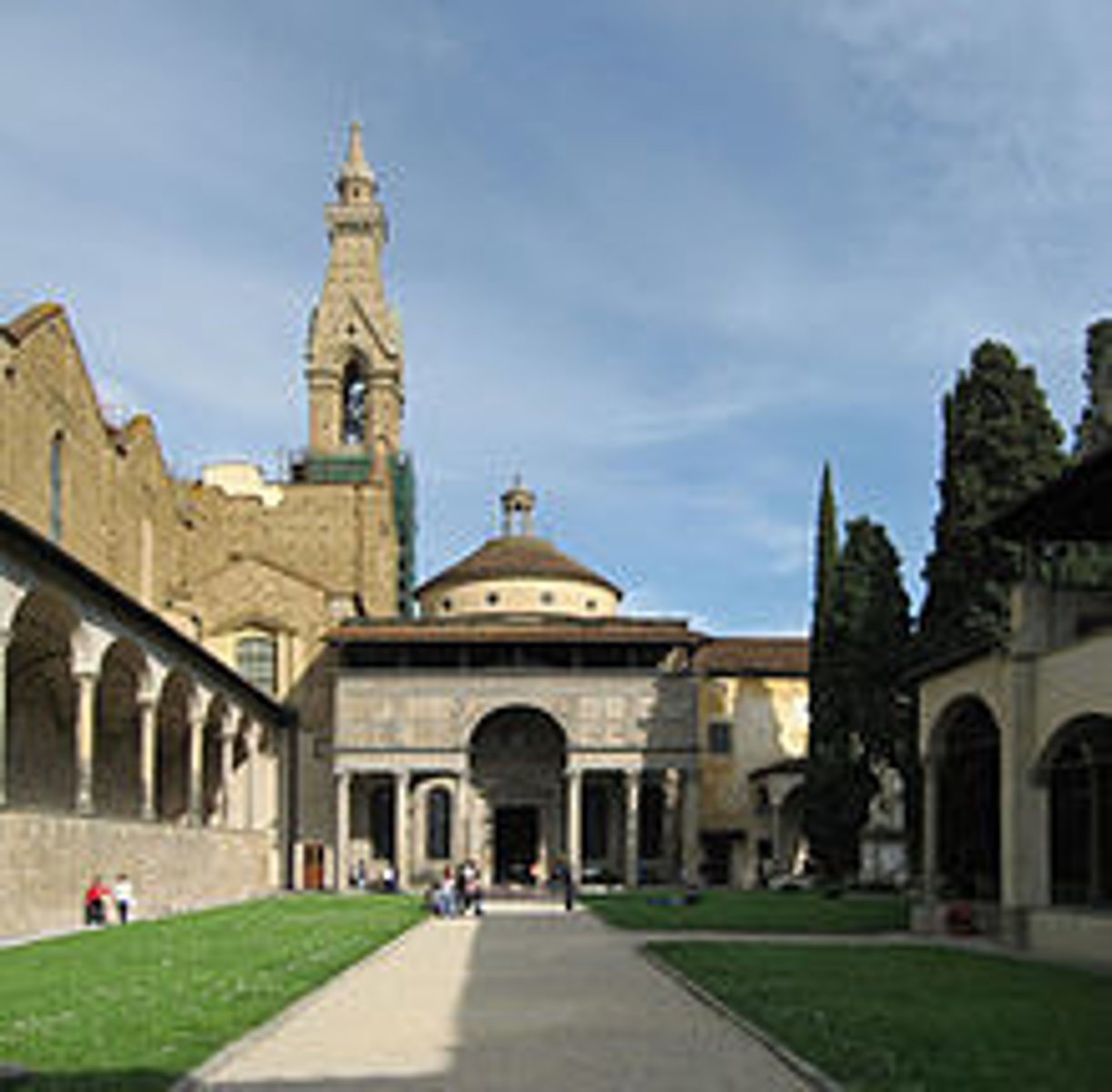 <p>Florence, Italy. Basilica di Santa Croce. Brunelleschi (architect). C. 1429-1461 CE. Masonry.<br><br>Intended to bring piety to Pazzi family name. Small-domed chapel contrasted the High Gothic style. Symmetrical and eclectic with classical and early Christian arches.</p>