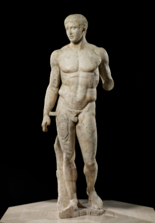 <p>Early Classical, Greek. 450-440 BCE. One of the most widely reproduced statues (the Romans really liked it because it embodied the ideal form of the male nude). <em>Contrapposto</em> is more pronounced. Marble, originally in bronze. </p>