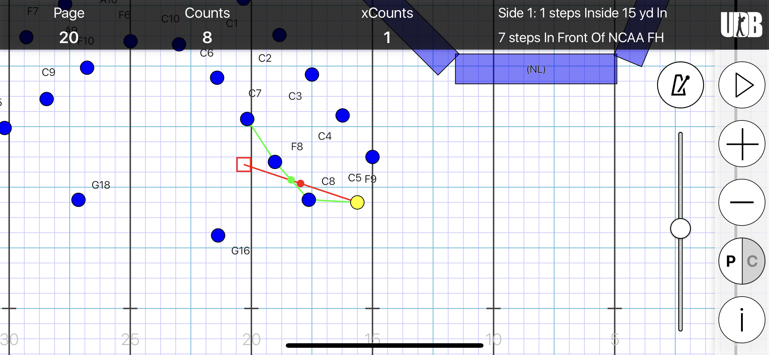 <p>STS: Side 1, 1 step inside 15 yd ln</p><p>FTB: 7 steps in front of FH</p><p>SS: 8 to 5 for 8 counts</p><p>XC: 1</p>