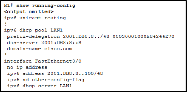 <p><strong>56. Refer to the exhibit. Which statement shown in the output allows router R1 to respond to stateless DHCPv6 requests?</strong></p>