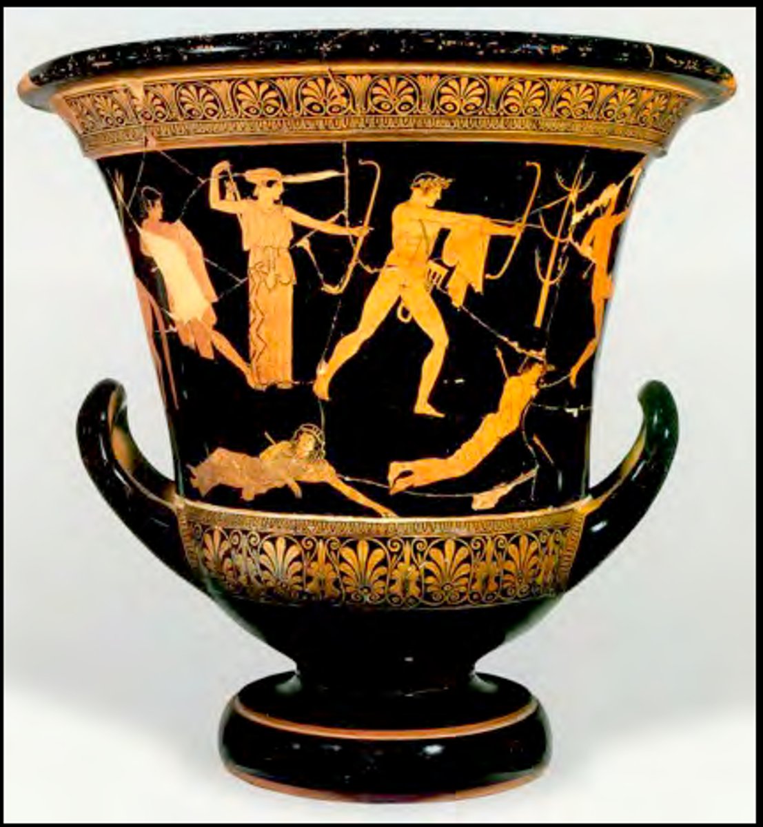 <p>- Mixing bowl krater; red-figure</p><p>- Composition: scattered figures across field; sophisticated poses &amp; showcase of depth</p><p>- Niobid = Granddaughter of Zeus; very fertile &amp; wants to be worshipped because she has so many children opposed to Leo</p><p>- Leo is offended and sends her children (Apollo &amp; Artemis) to Kill Niobe's children</p><p>- Niobid turns to stone from grieving</p><p>- Moral of the Story: do not offend the gods or compare yourself to the gods</p>