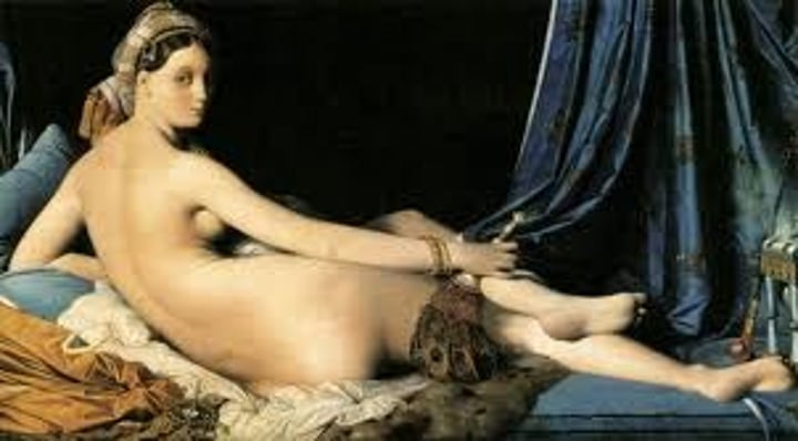 <p>Jean-Auguste-Dominique Ingres 1814, Orientalism, France, oil on canvas.<br>The painting uses many neoclassical elements but expands beyond that by distorting the body. This painting signifies Ingres' break from Neoclassicism, indicating a shift toward exotic Romanticism.</p>