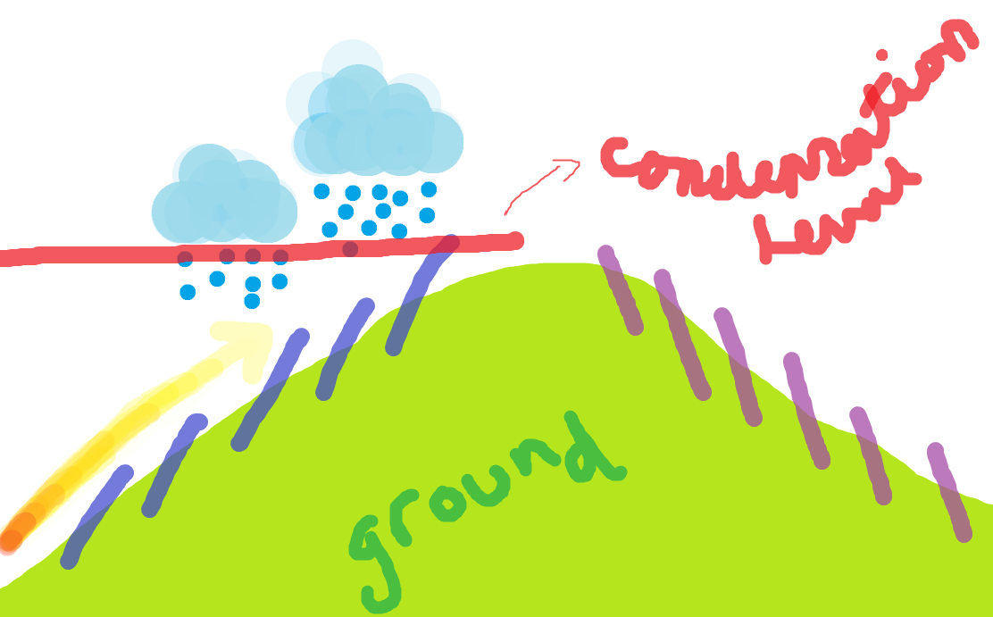 <p>1) Moist air approaches high land </p><p>2) air forced upwards</p><p>3) air cools</p><p>4) condensation</p><p>5)rainfalls on the windward side </p><p><strong>occours at mountins and leaves rain shadow</strong></p>