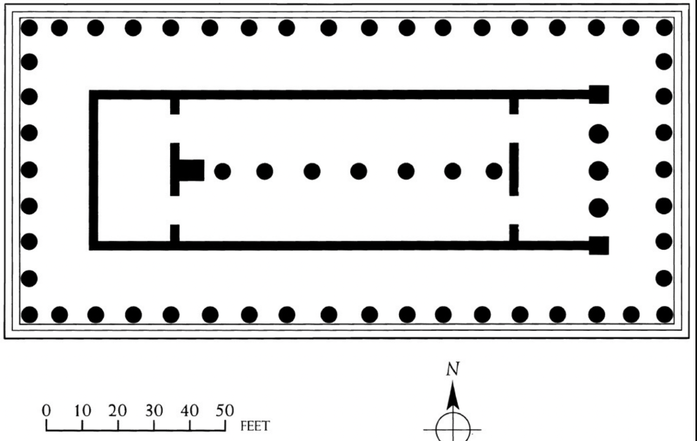 <p>a space surrounded by a row of columns</p>