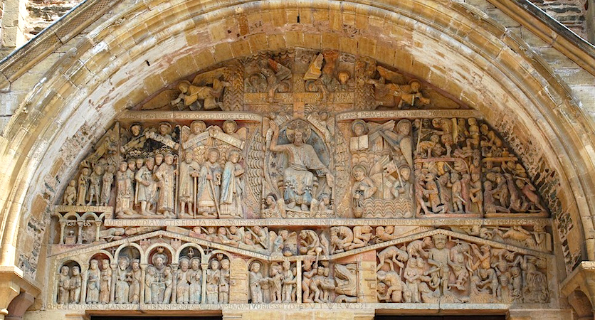 <ul><li><p>Conques, France</p></li><li><p>c. 1060 - 1130</p></li><li><p>Medieval Romanesque</p></li><li><p><strong>Features Last Judgement Tympanum and Reliquary Statue of Saint-Foy</strong></p></li></ul>