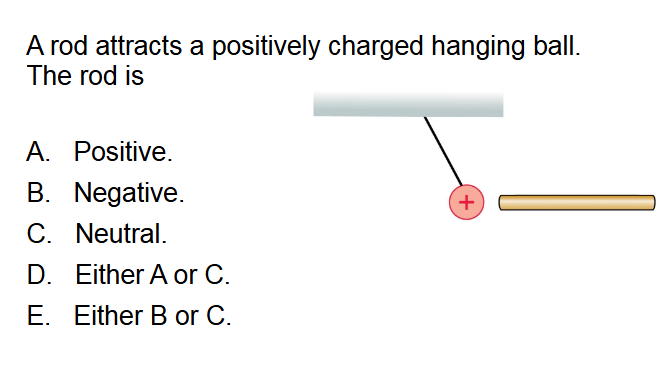 <p>A rod attracts a positively charged hanging ball. The rod is:<br><br>Positive</p><p>Negative</p><p>Neutral</p><p>Either positive or neutral</p><p>either negative or neutral</p>