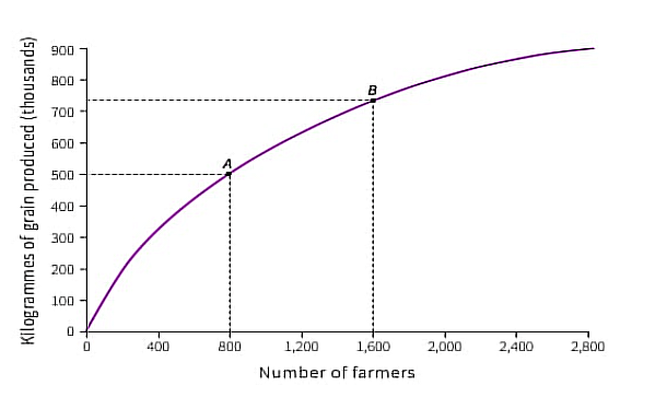 <p><span>The following diagram depicts the production function of grain, where diminishing average product of labour is assumed. At A the average product of labour is 500,000/800 = 625 kg of grain per farmer. At B the average product of labour is 732,000/1,600 = 457.5 kg of grain per farmer. If you know that the grain output for 2,800 farmers is 896,000kg, then which of the following statements is/are correct?</span></p><ul><li><p>In a year with exceptionally good weather conditions, the production function curve will be higher and parallel to the curve above.</p></li><li><p>If the production curve is an upward-sloping straight line, the average product of labour is constant.</p></li><li><p>When the labour input is 2,800, the average product of labour is 320 kg.</p></li></ul><p></p>