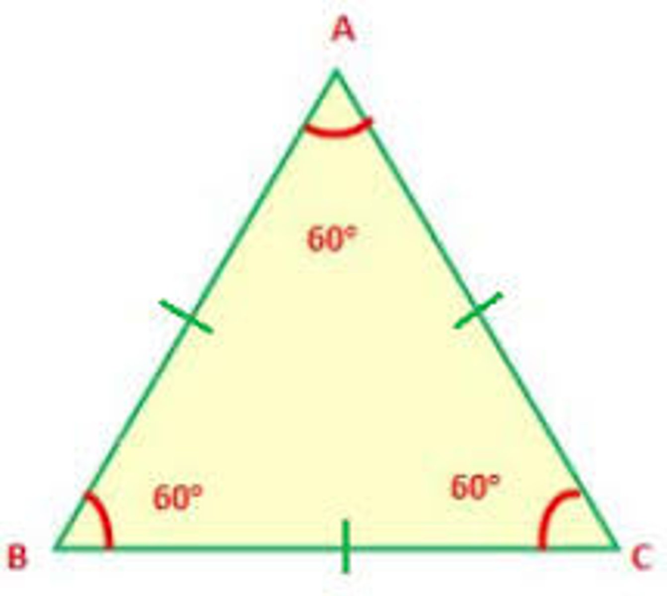 <p>each angle of an equilateral/equiangular triangle has a measure of 60 degrees</p>