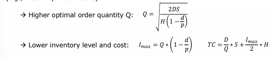 <p>inventory is gradually replenished and can be used as soon as it arrived (eg internally made items) </p><p>Higher optimal order quantity </p><p>lower inventory level and costs </p><p>→ production rate p must be larger than depletion rate d </p><p>maximul inventory level Imax must be smaller than EPQ </p>