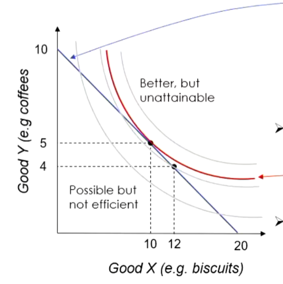 <ul><li><p>It represents the line at which the utility or happiness you get from the points in the line are the exact same, so you would still get the same amuotn of utlility as 5pizzas and 5 coffees just as you would from 2 pizzas and 9 coffees</p></li><li><p>Marginal Utlity (Good X) / Price (Good X)</p><ul><li><p><strong>consumer equlibrium = </strong>utility is maxamised given the budget constraints</p></li></ul></li></ul><p></p>