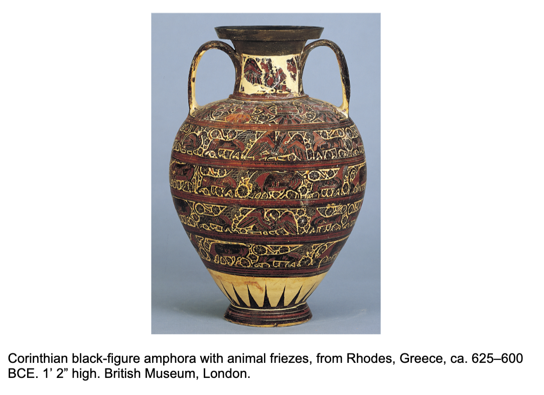 <p>700-600 BCE<br></p><ul><li><p>mythical creatures</p></li><li><p>Near Eastern influence</p></li><li><p>mesopotamia etc.</p></li><li><p><strong>Daedalic style</strong> and artistic developments in Greece, marked by increasing naturalism and the representation of human figures.</p></li></ul><p></p>