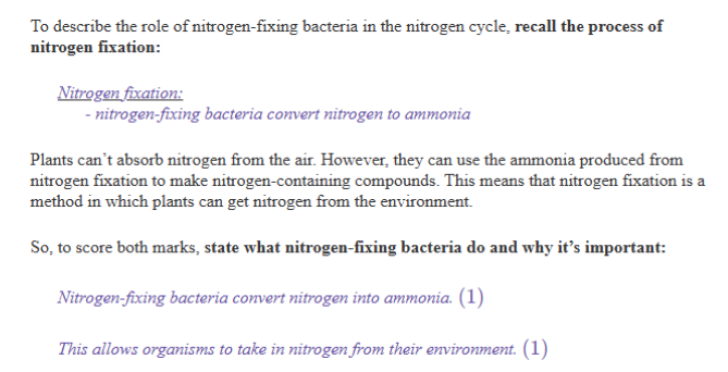 <p><span style="background-color: transparent;"><span>-nitrogen is converted into amonia/ammonium/amino acids</span></span></p><p><span style="background-color: transparent;"><span>-Whcih allows nitrogen uptake into organisms</span></span></p><p><br></p>