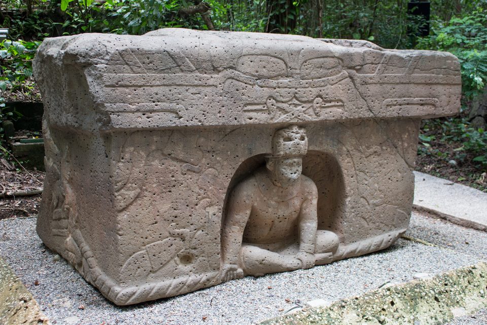 A throne with a high relief image of a leader emerging with what believe to be a cave that represent the underworld. As the Olmecs believed in 3 realms known as the sky, earth, and underworld. 