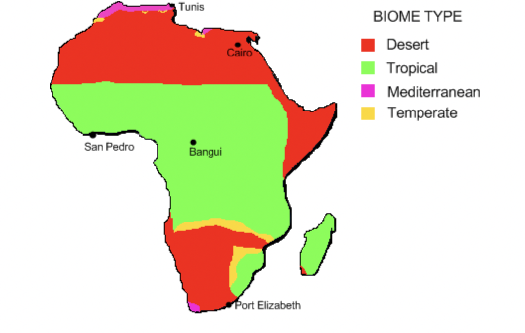 <p>The map below shows some of the biomes present on the continent of Africa.</p><p></p><p>(photo)</p><p></p><p>Which of the following most likely describes the climate of Port Elizabeth?</p>