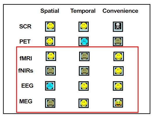 <p>EEG, PET, fMRI, MEG, fNIRs (functional near infrared spectroscopy, light absorbed and sent back in banana shape)</p>
