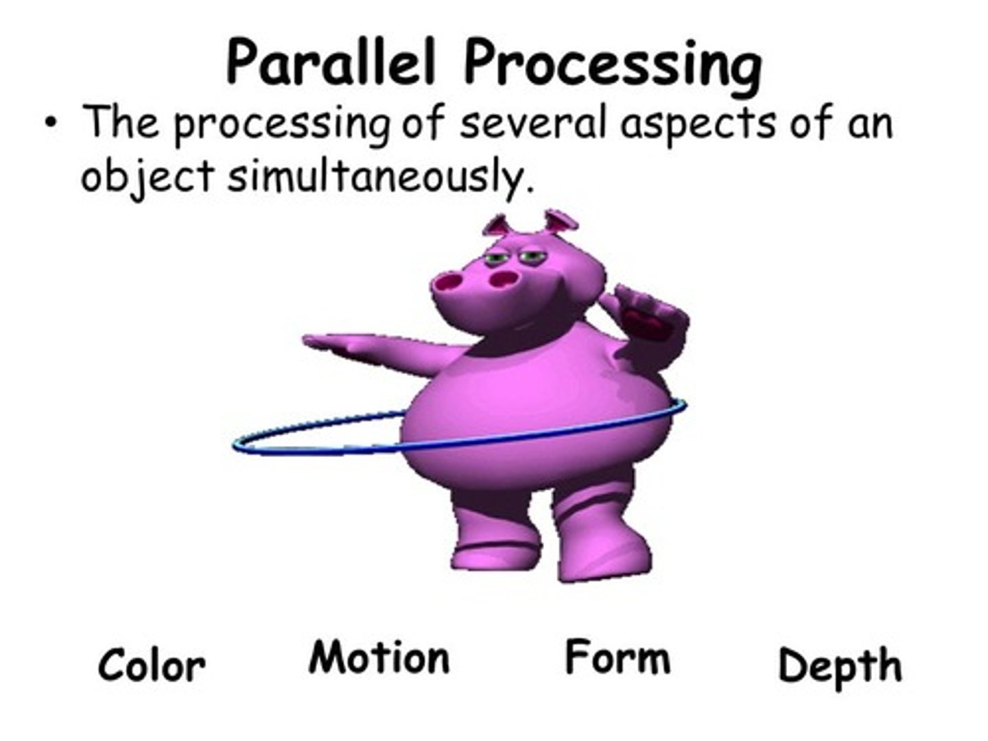 <p>Brain's natural mode of information processing for many functions, including vision. In vision, the processing of features such as color, movement, and depth all simultaneously</p>