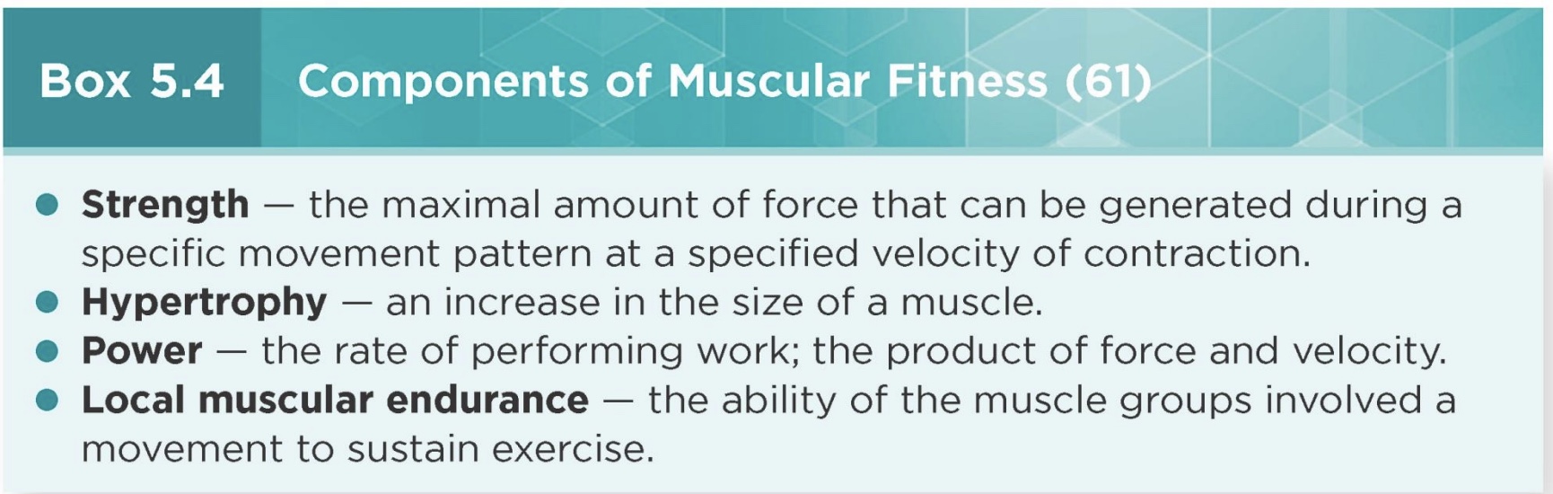 <p>-Characteristics of <strong>strength, hypertrophy, power, and local muscular endurance</strong></p><p>*Force; muscle size; W/t; create and utilize energy</p><p>-Optimized through the implementation of <strong>resistance training</strong> (free weights, machines, body weight, bands/tubing, or any other object that requires one to exert force against a resistance)</p>