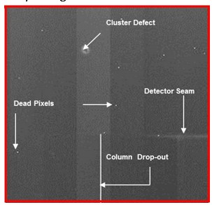 <ul><li><p><span>when an entire row or column of pixels don't work, appearing as vertical white lines</span></p></li><li><p><span>interpolation, assigned the average value of neighbouring columns</span></p></li></ul><p></p>