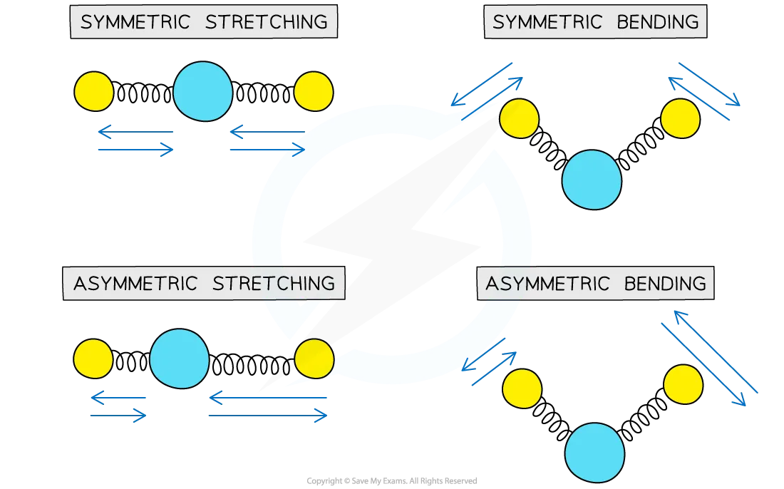 <ul><li><p>symmetric or asymmetric stretching</p></li><li><p>symmetric or asymmetric bending</p></li><li><p>These vibrations have a unique wavelength and frequency, which is used to identify the functional group</p></li></ul><p></p>
