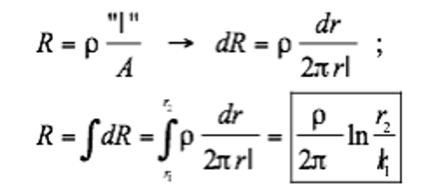 <p>Needed equations:<br><br>A = 2πrl (area of thin cylindrical shell)<br>R = ρl/A<br><br>l is the direction of flow, so replace it with dr.<br>R = ρdr/2πrl<br>Integrate through the range of radii to receive a formula (shown in pic).<br><br>a) Formula = R = (ρ/2π)ln(r_2/r_1)<br><br>b) Plug numbers into (a).</p>