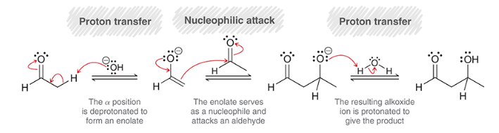 <p>proton transfer (deprotonation of alpha position to form enolate)</p><p>nucleophilic attack by enolate (attacks aldehyde)</p><p>proton transfer (protonation of alkoxide)</p>