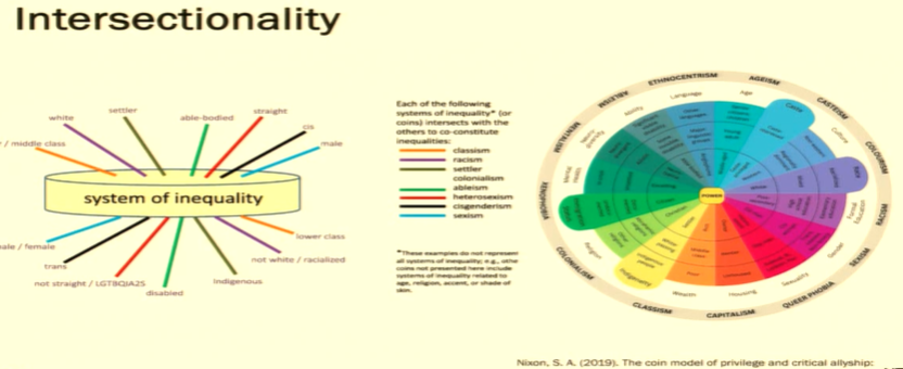 <p>multiple identities can shape your lived experiences ( the sides of the coin) </p><p>—> can have oppression AND privilege </p>