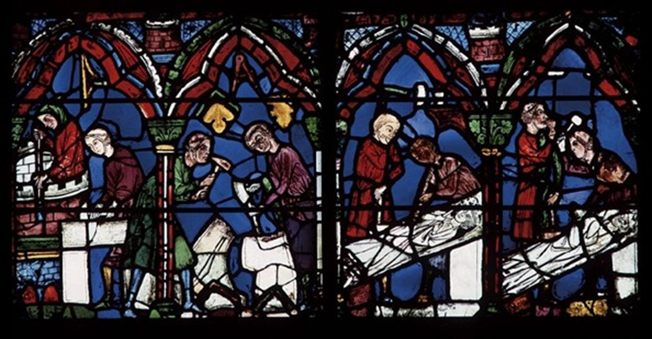 <p>Stonemasons and Sculptors, detail of window, Chartres Cathedral, ca, 1200-1220; 13-16</p>