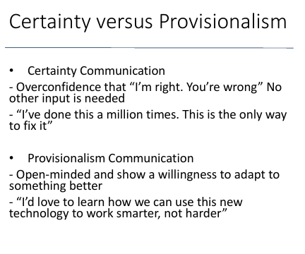 <p>Antidote = provisional<br><br>overconfidence (i’m right, you’re worng) (million times) vs. open minded, being able to adapt (i’d love to learn)</p>
