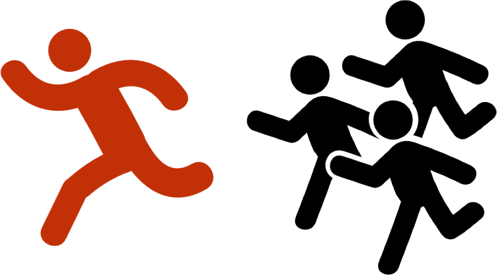 <p>En avance/Devant/En tête</p>