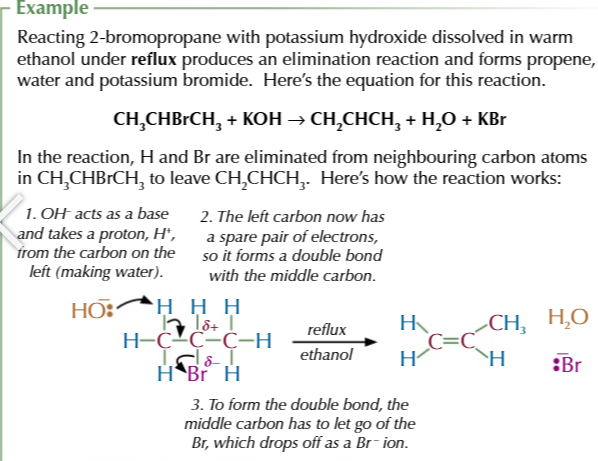 <p>halogen<strong> elimination</strong> from a halogenoalkane produces ALKENES</p>