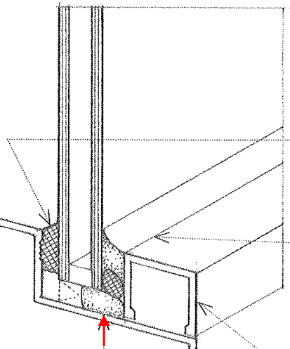 <p>An adhesive liquid of synthetic rubber injected between a glass pane or unit and a glazing bead, curing to form an airtight seal</p>