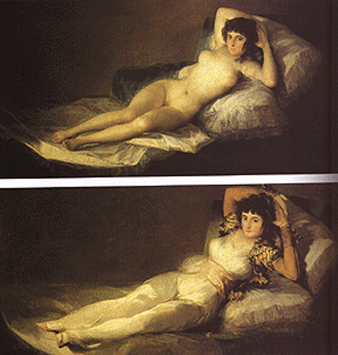 <p>La familia Real (The Royal Family)<br>Pensaba que eran muy débil (Thought they were very weak)<br>Satírico (Satirical)<br>"La maja vestida" y "La maja desnuda" ("The Clothed Maja" and "The Naked Maja)<br>Se consideraba escándalosa ("Was considered scandalous) <br>Fue secuestrada durante la Inquisición (was kidnapped during the Inquisition)</p>