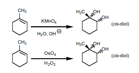 <p>OsO4/NaHSO4 yields H and OH cis, can react with KMnO4/NaOH when basic pH, cis-1,2-diol forms</p>