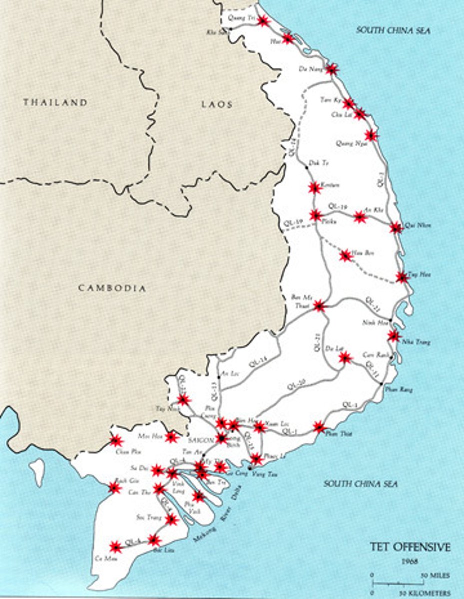 <p>1968; National Liberation Front and North Vietnamese forces launched a huge attack on the Vietnamese New Year (Tet), which was defeated after a month of fighting and many thousands of casualties; major defeat for communism, but Americans reacted sharply, with declining approval of LBJ and more anti-war sentiment</p>