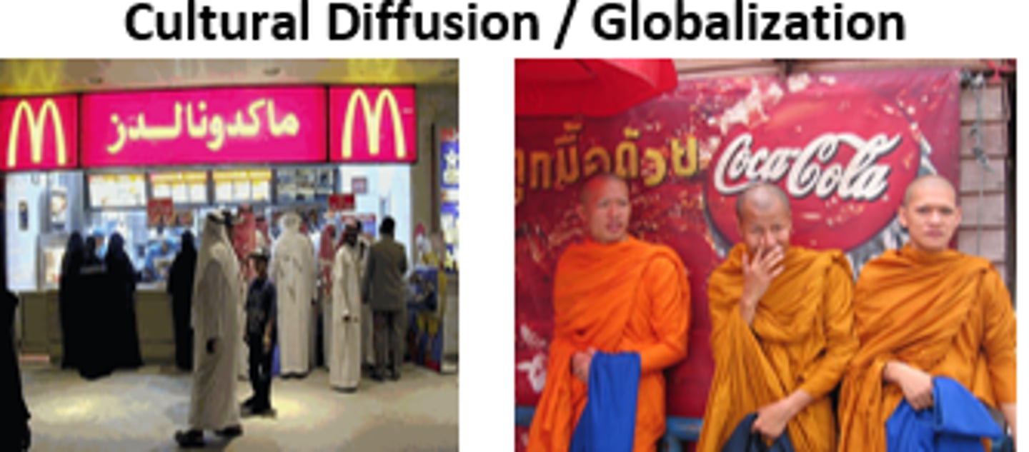 <p>= The intensification and expansion of cultural flows across the globe</p><p>-The interconnected nature of culture through meetings and the influence of cultures on one another</p><p>- media sources allow people to understand other cultures</p><p>- travelling internationally lets people experience cultures</p><p>-westernisation is the domination of western cultural traits in non-western areas e.g starbuck</p>