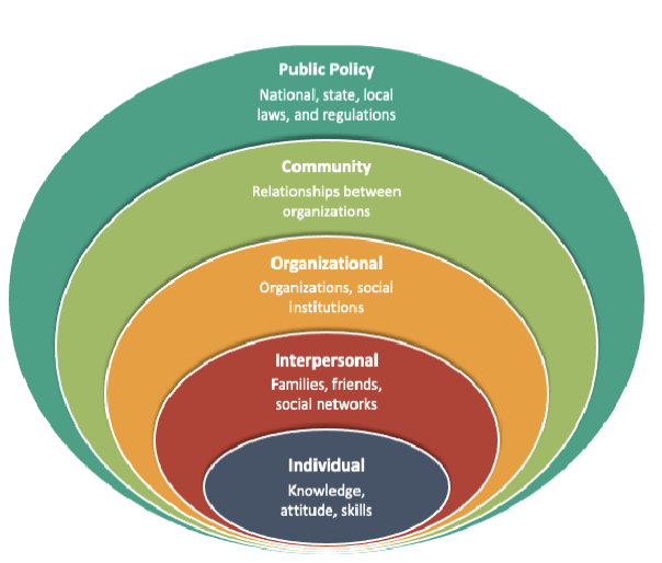 <p>health is the product of multiple levels that interact to produce behaviors and health…individual to interpersonal to organizational to community to public policy </p>