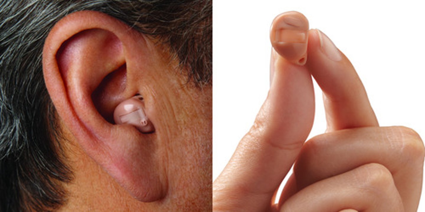 <p>-Used for mild to severe hearing losses. Lose some degree bc of size</p><p>-Slightly less power because of the SIZE of the instrument.</p><p>-Provides more gain(amplification) at higher frequencies because of the acoustic resonance of the ear canal.</p><p>-CIC-All pinna, concha, and some ear canal</p>