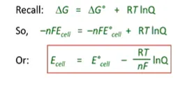 <p>(Equation)</p><ul><li><p>Ecell = E0cell - RT/nF lnQ</p></li><li><p>Ecell is reduction potential (E) at non-standard conditions</p></li><li><p>E0cell is redpot (E) at standard conditions</p></li><li><p>R is the gas constant, T is temperature (in K)</p></li><li><p>n is number of electrons transferred between electrodes, F is the Faraday Constant (for scaling up moles of electrons)</p></li><li><p>Q is the reaction quiotent (products / reactants conc)</p></li></ul><p>(Purpose)</p><ul><li><p>it allows us to calculate reduction potential (E) at non-standard conditions for any given cell (any set of concentrations, any T)</p></li><li><p>higher vs lower than E0cell, means it is more or less spontaneous under the new conditions</p></li><li><p>it also allows us to calculate deltaG0 (deltaG0 = -RT lnK = -nFE0)</p></li><li><p>it also allows us to calculate K (E0cell = RT/nF lnK)</p></li></ul><p></p>