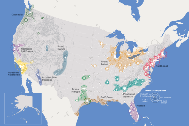 <p>Multiple cities linked together (Great Lakes, S CA, TX triangle, 3 bananas)</p>