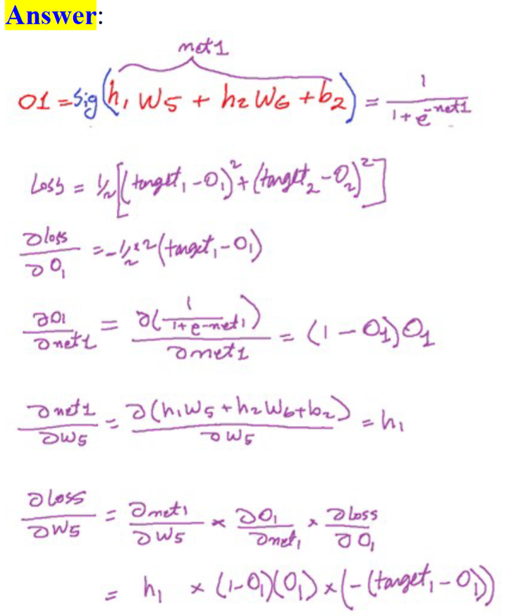 <p>Please note that the derivative is the slope of a line tangent to the cost function, so the steeper the slope, the more incorrect we are.</p><p>Here, we are using the sigmoid activation function for all neurons.</p><p>The derivative for w5 is a function of O1. The same will happen when we go back to h1 and h2. This could cause a vanishing gradient.</p><p>If the neuron's output is small, the gradient could become useless.</p>