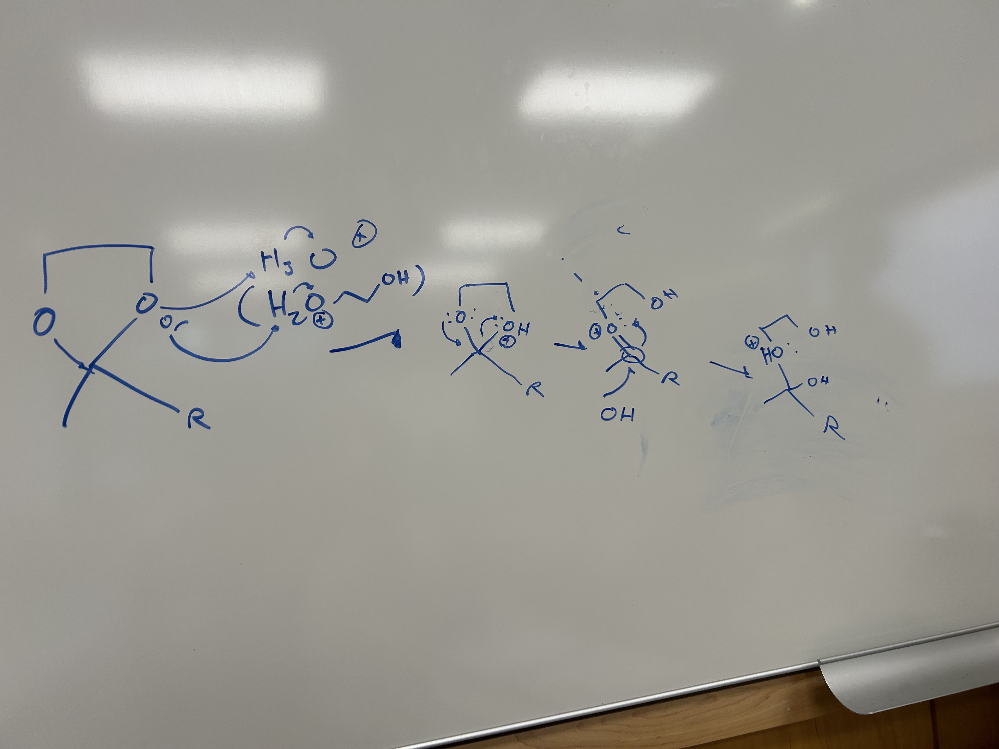 <ol><li><p>Acid H attacks OR group, creating good leaving group</p></li><li><p>OR group leaves and other becomes double bond</p></li><li><p>Conj base (H2O) attack O=C (electrophilic carbon)</p></li><li><p>Repeat acid protinaton and group leaves forming ketone </p></li></ol>