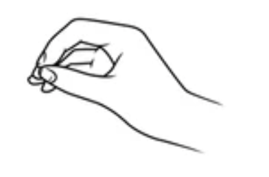 <ul><li><p>pad-to-pad/palmar prehension</p></li><li><p>thumb opposes distal pads of digits</p></li><li><p>joint of thumb and fingers are relatively extended</p></li></ul><p></p>