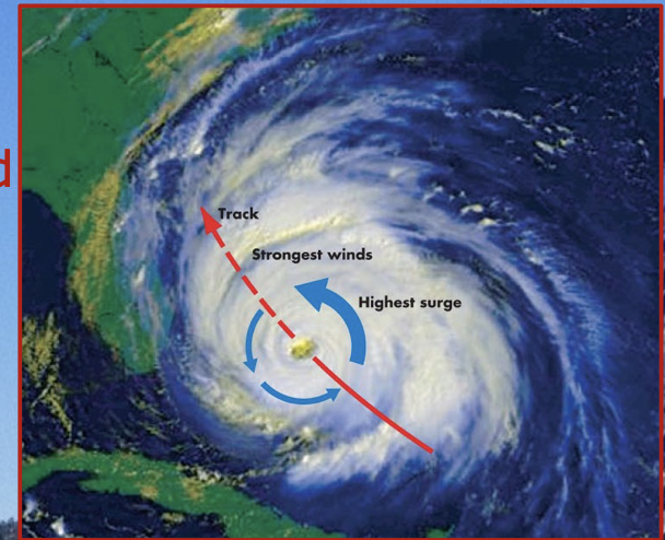 Hurricanes typically travel very slowly (less than 20 km/h).

\
Because wind in a hurricane rotates counter-clockwise, wind speed varies over the area of the hurricane.